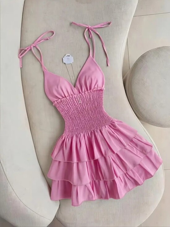 Dresses & Skirts - Y2K Women's Solid Color V-Neck Shoulder-Tie Sleeveless Fashion Ruffle Dress